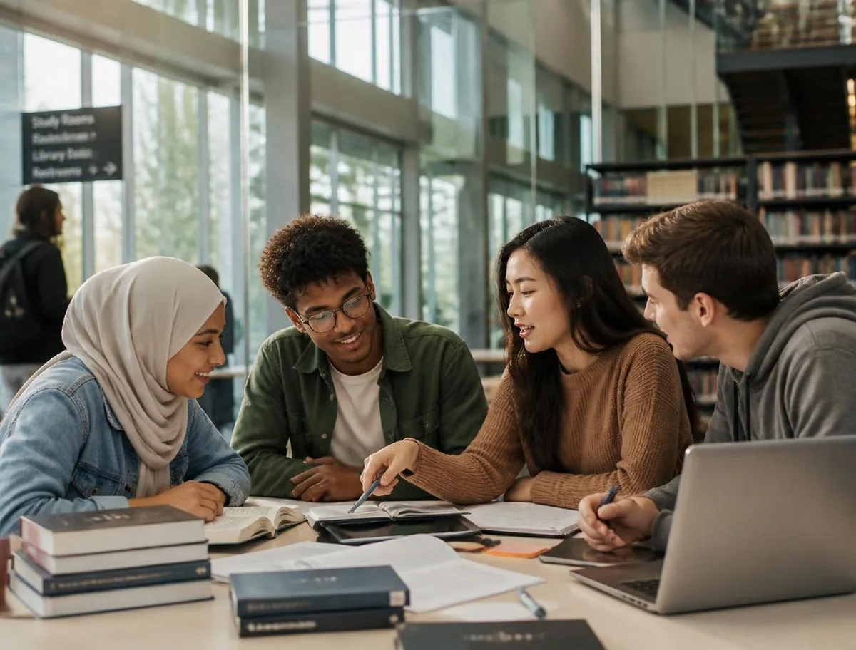 Students studying together in a university library