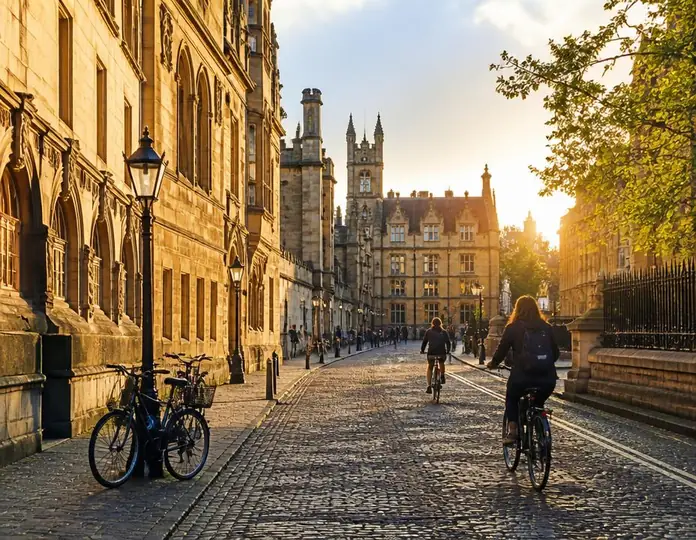 A historic European university street at golden hour