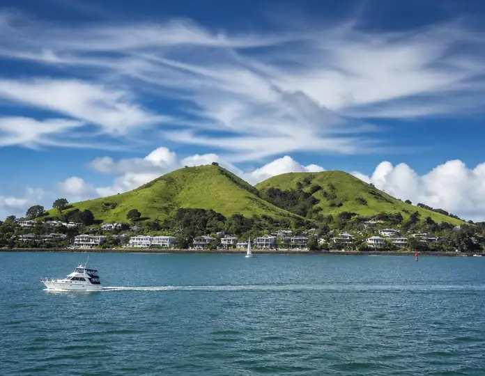 Auckland waterfront with green hills