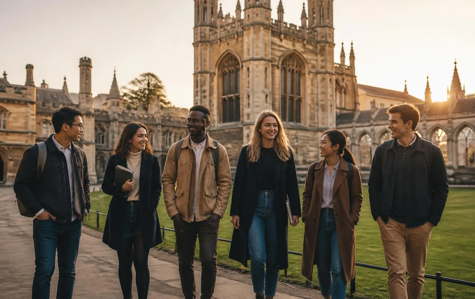 International students walking through a UK university campus at sunset